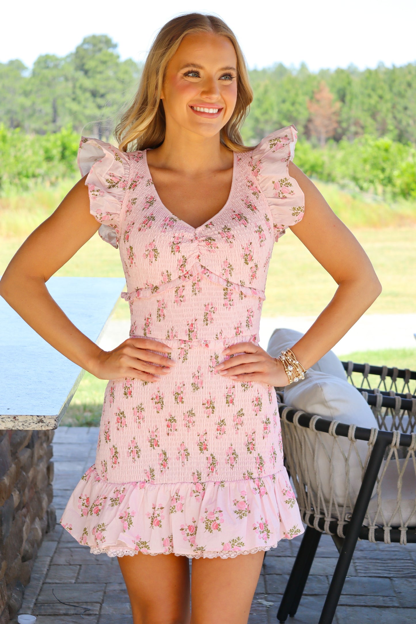 Pink short sleeve ruffle mini dress