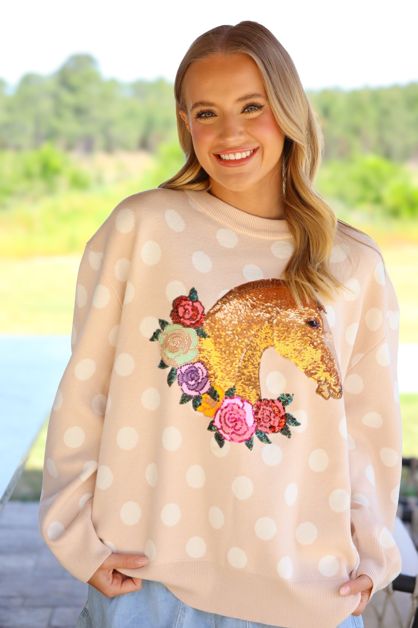 QOS Tan Polka Dot Horse Sweater