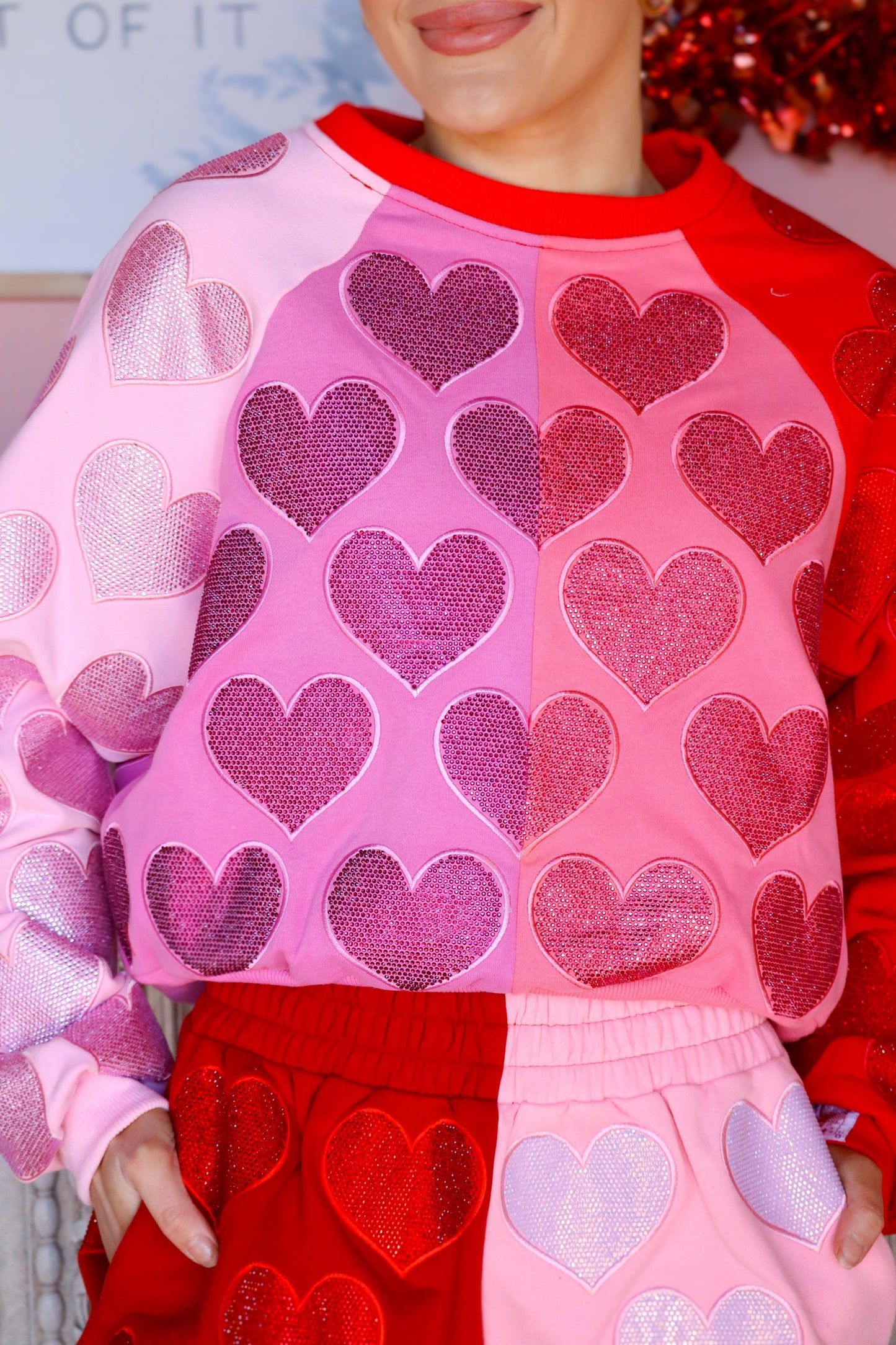 QOS Color Block Rhinestone Sweatshirt