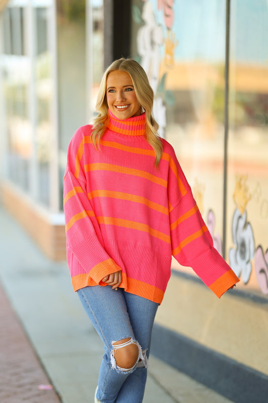 Pink & Orange Striped Turtle Neck Sweater