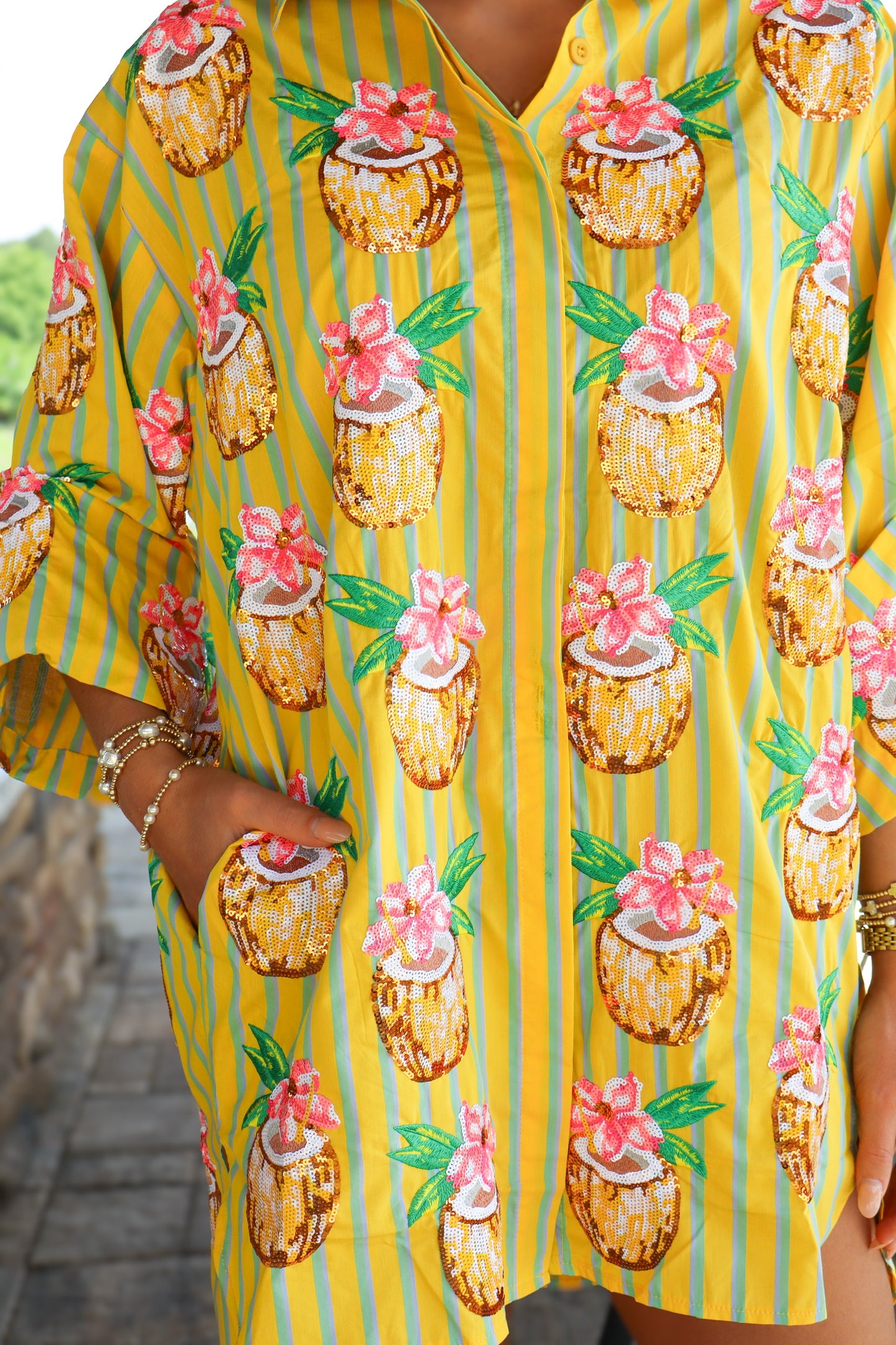 QOS Yellow Striped Coconut Drink Button Up Tunic