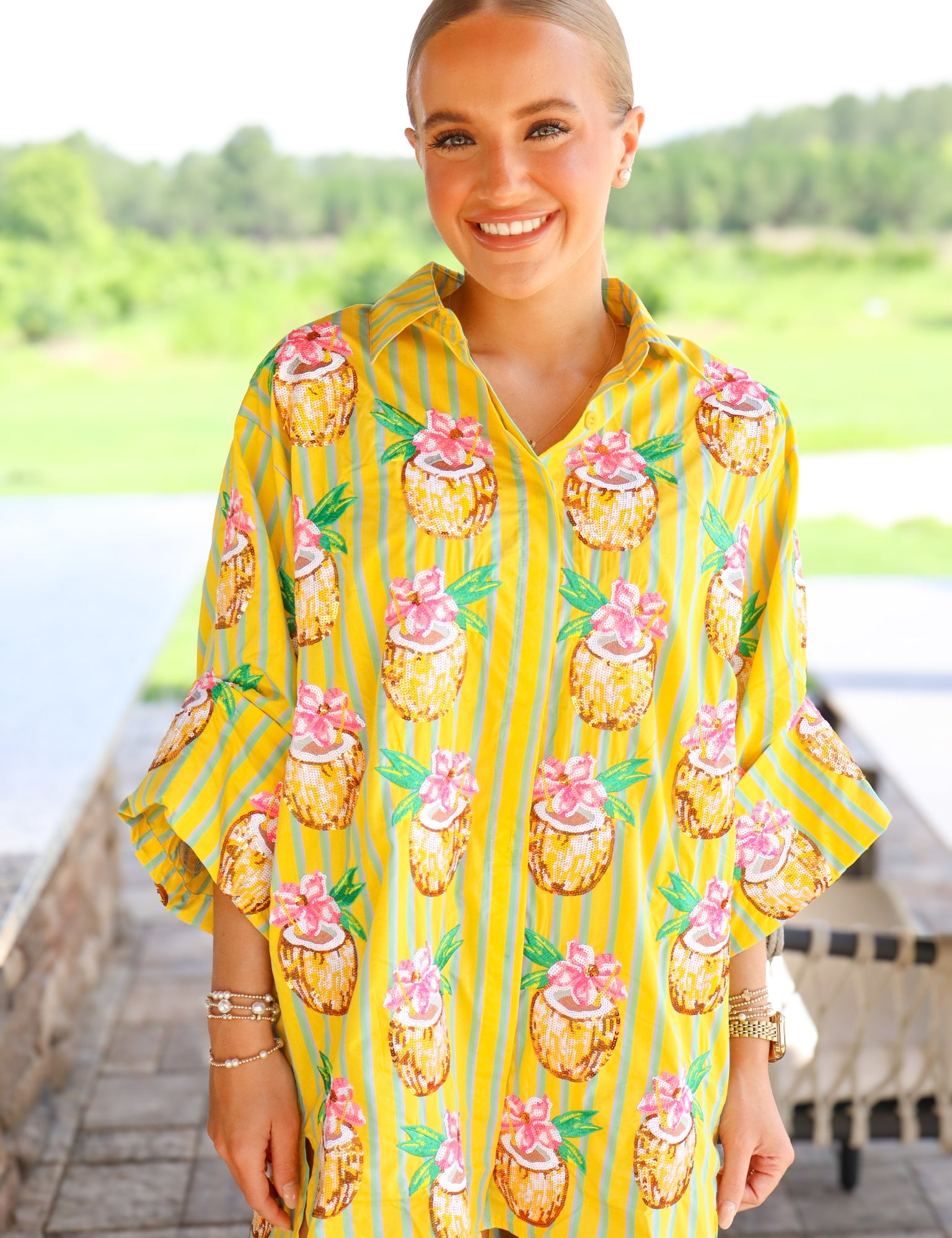 QOS Yellow Striped Coconut Drink Button Up Tunic