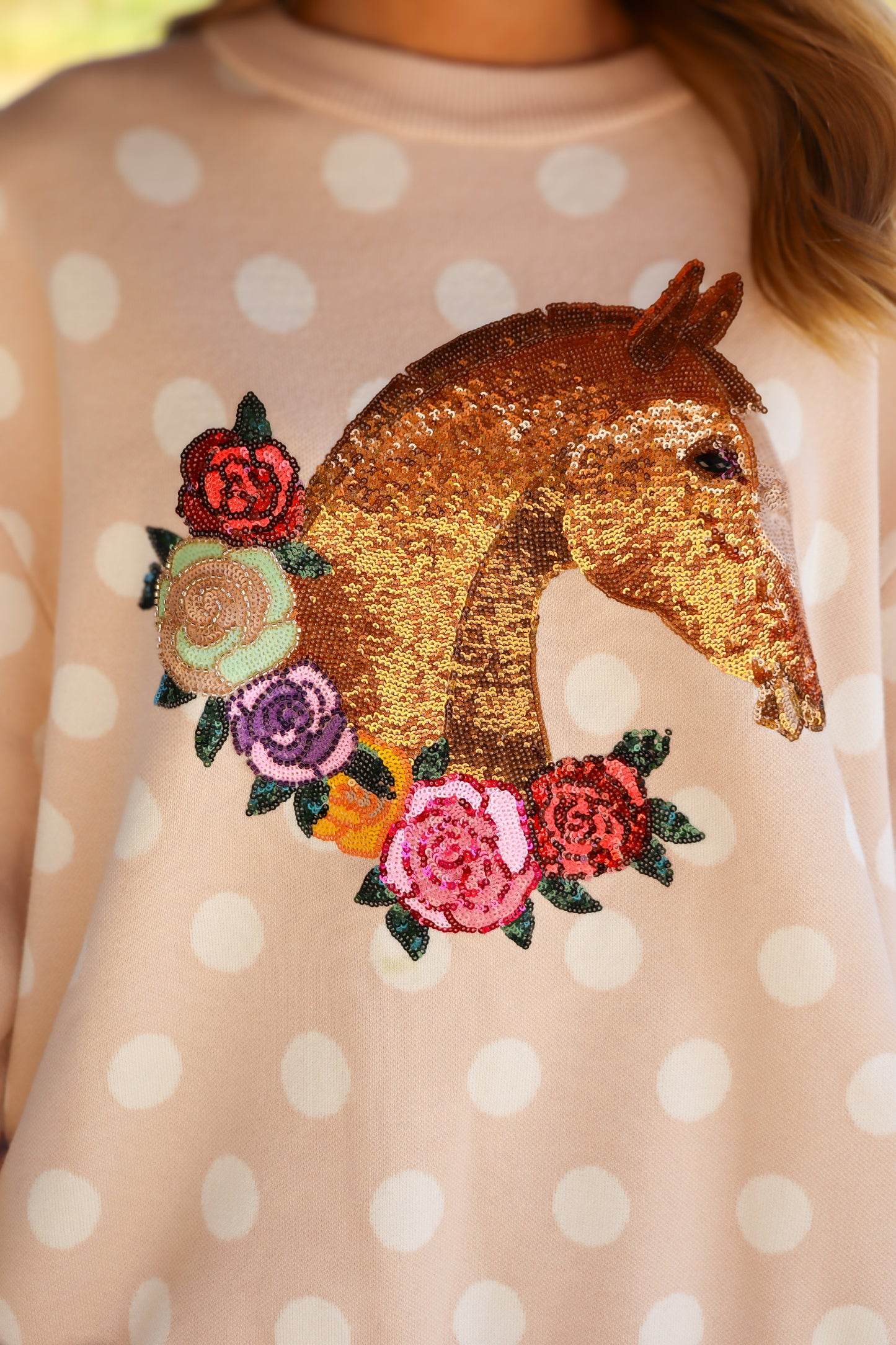 QOS Tan Polka Dot Horse Sweater