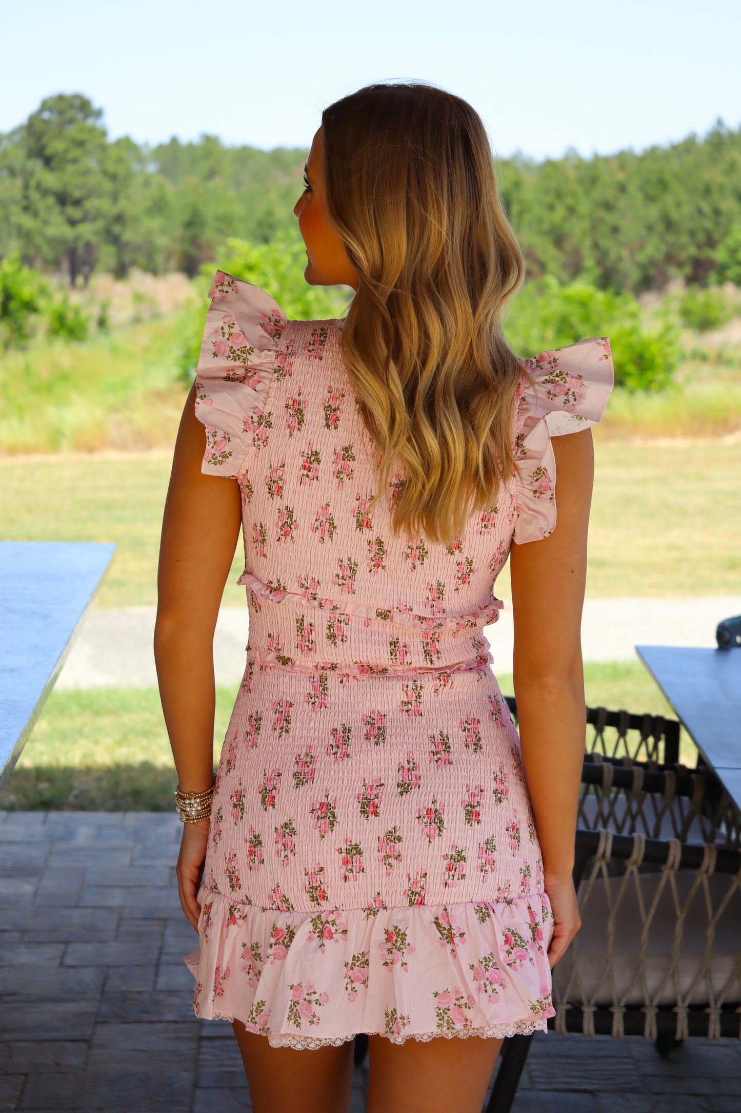 Pink short sleeve ruffle mini dress