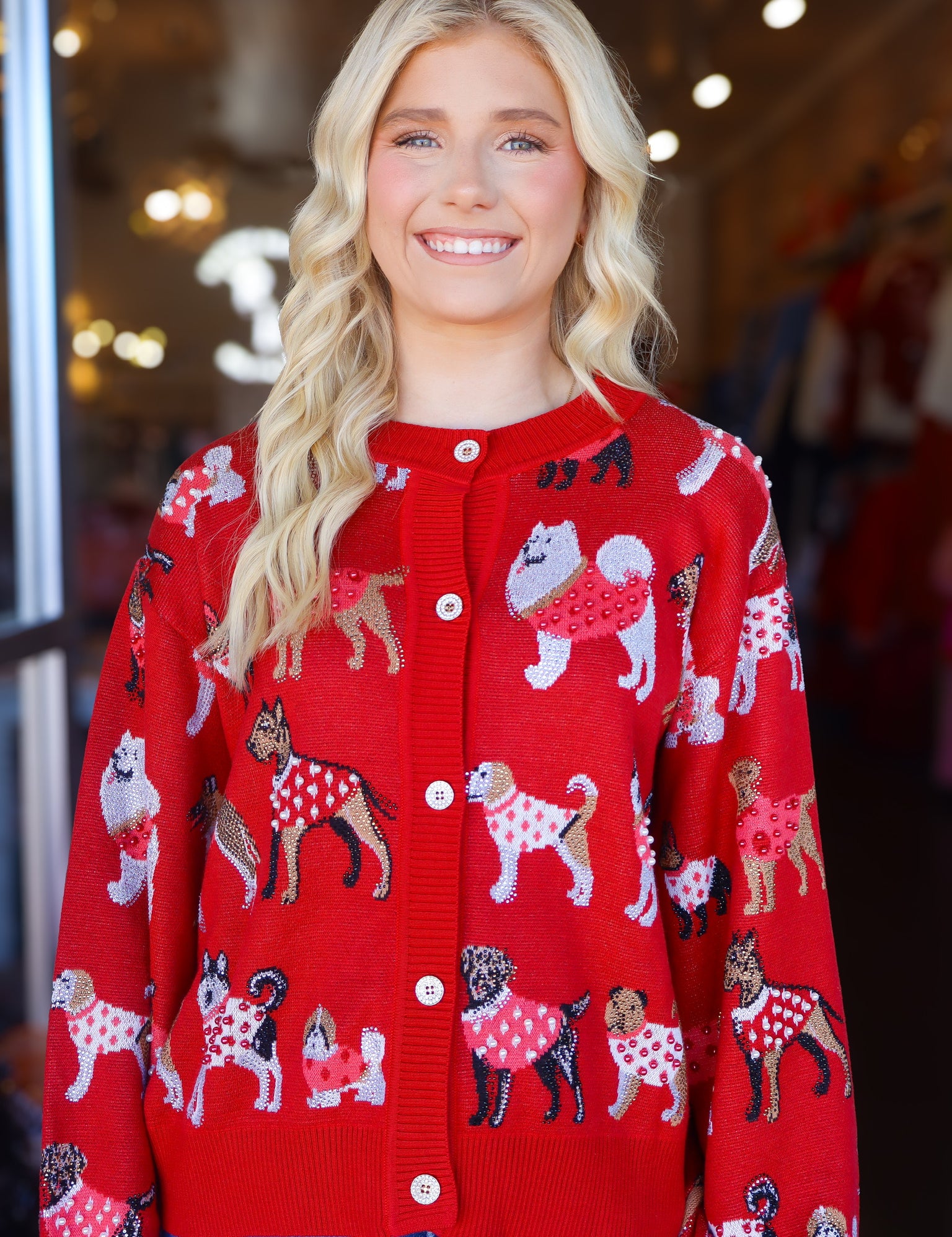 QOS Red Dogs in Polka Dot Sweaters Button Up Cardigan
