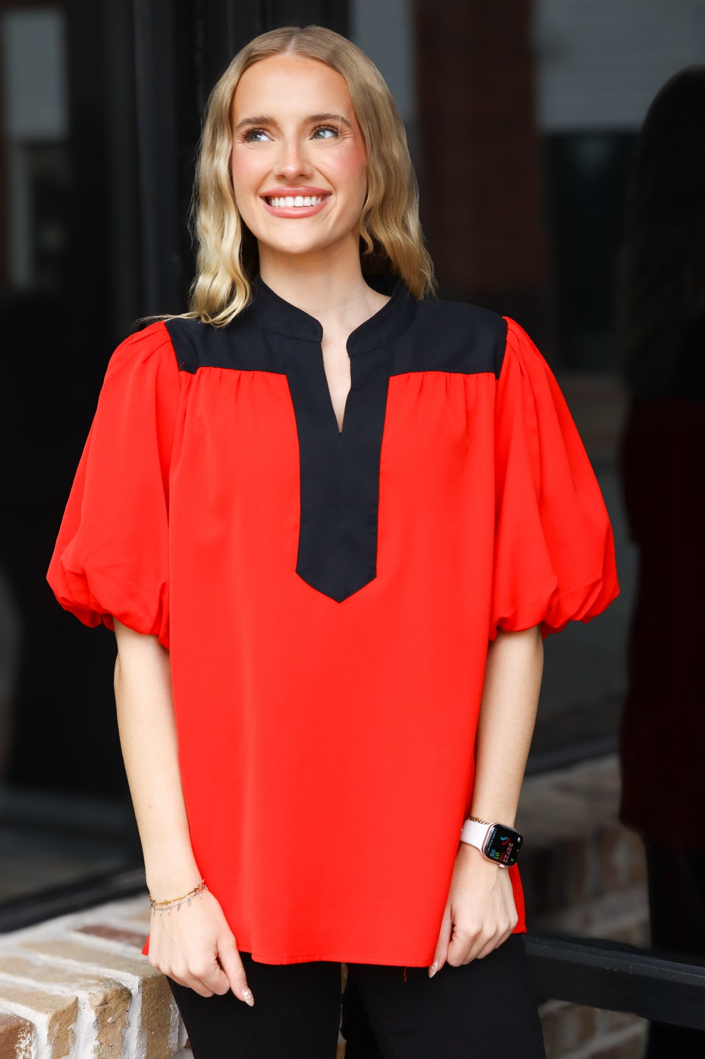 Red & Black Puff Sleeve Top