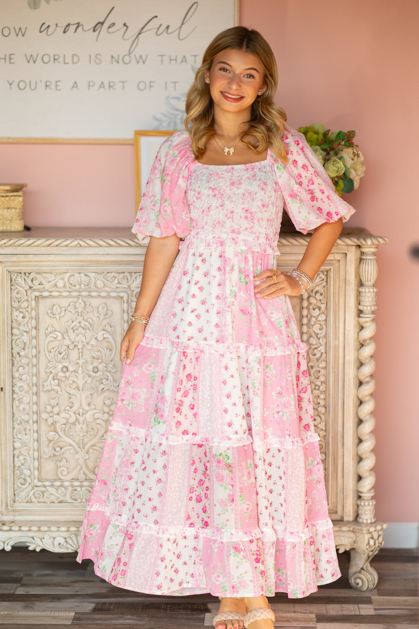 Pink Floral Patchwork Maxi Dres