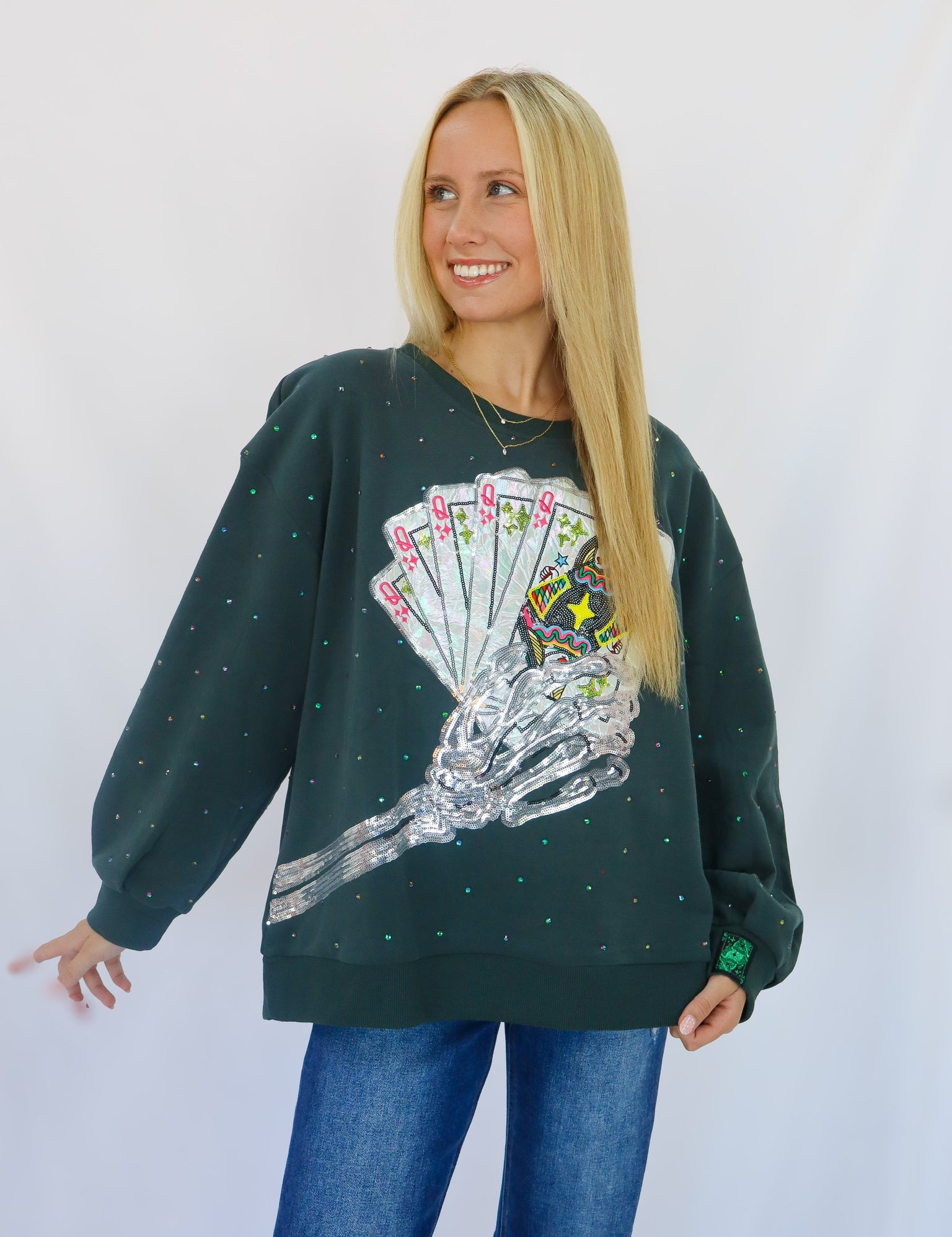 QOS Charcoal Skeleton Holding Queen Cards Rhinestone Sweatshirt