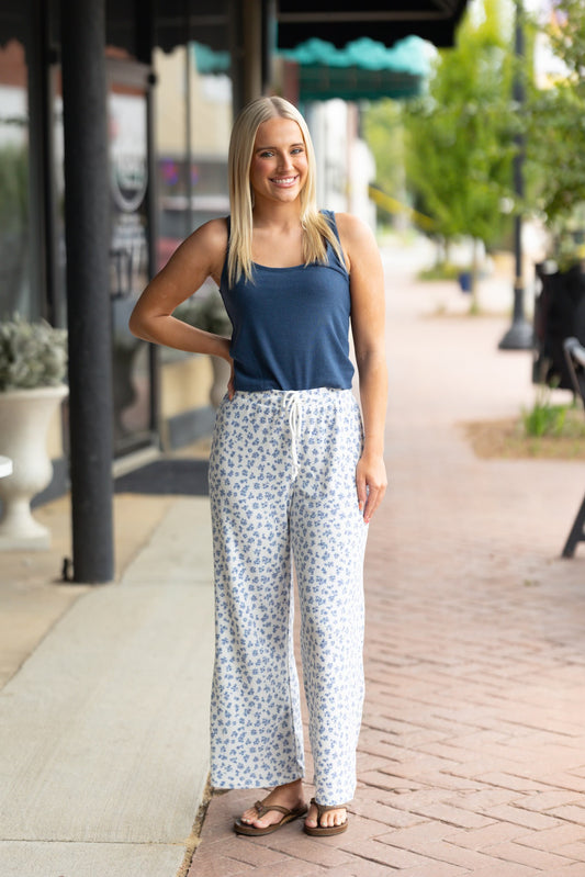 white & blue floral pants