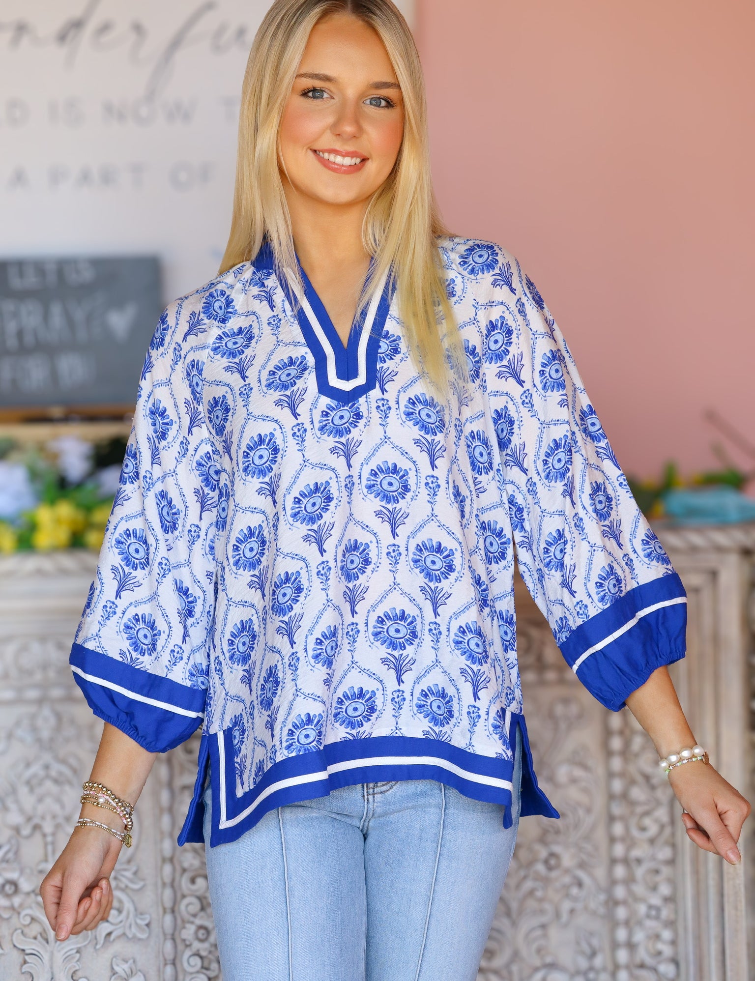 Blue and White Patterned Blouse