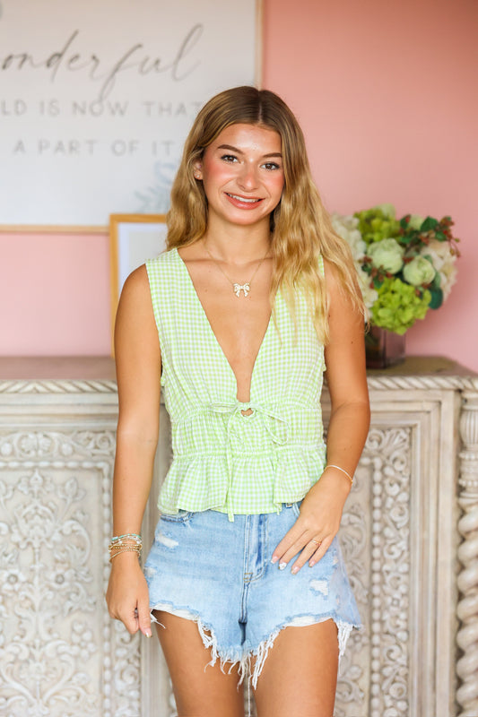 Green & White Plaid Top