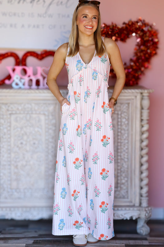 Floral Stripe V-Neck Backless Jumpsuit