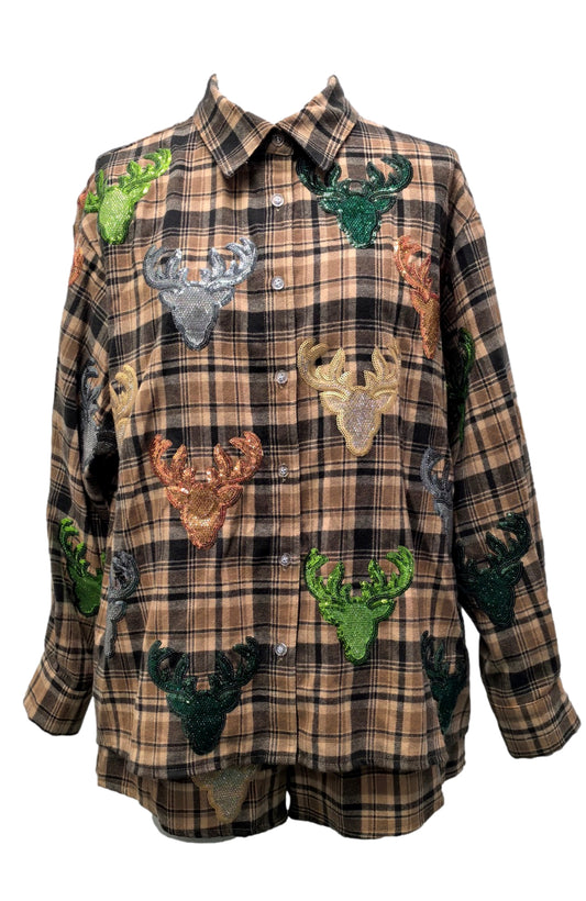 QOS Plaid Deer Button Up