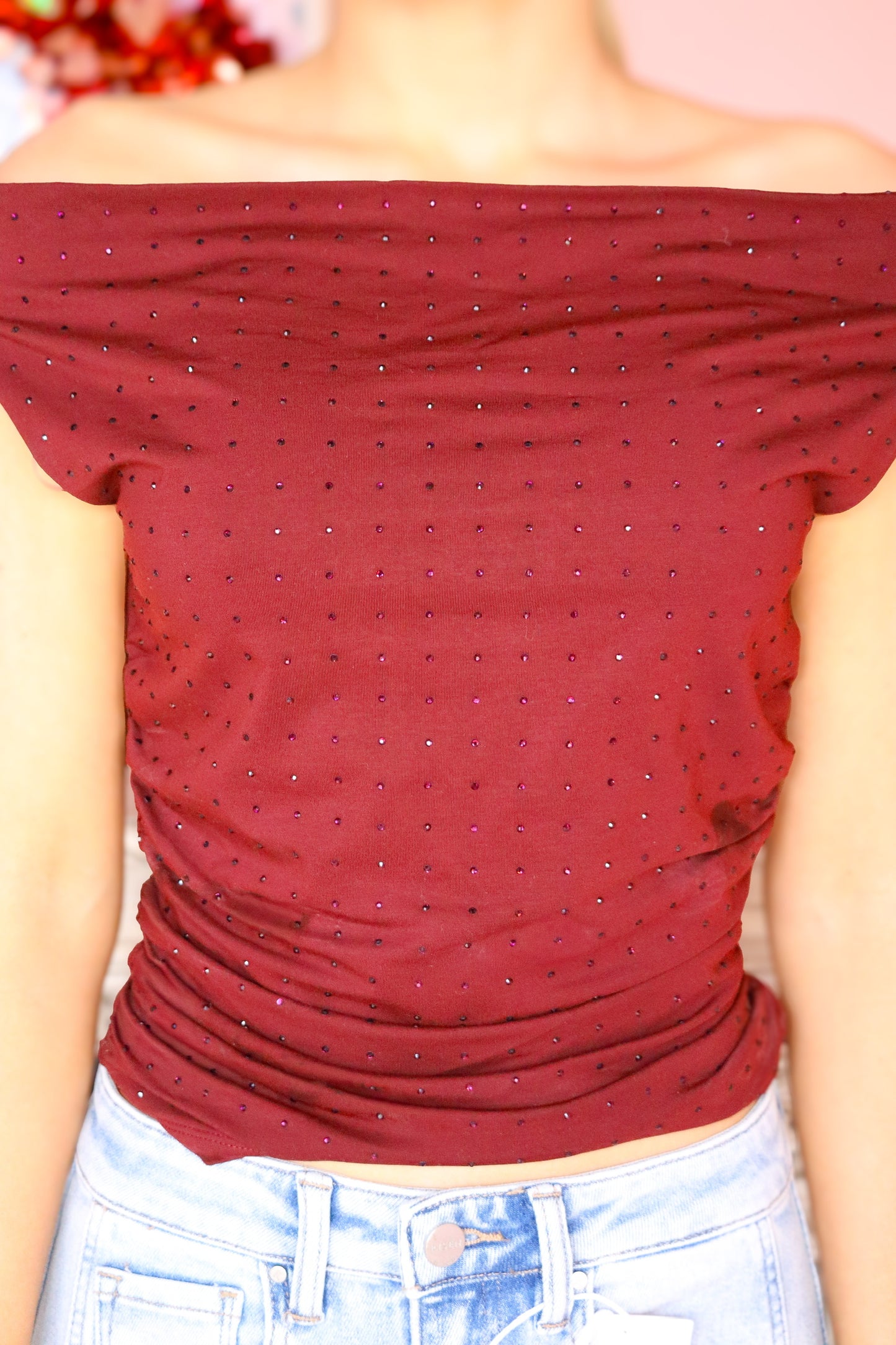 Off The Shoulder Top With Rhinestones