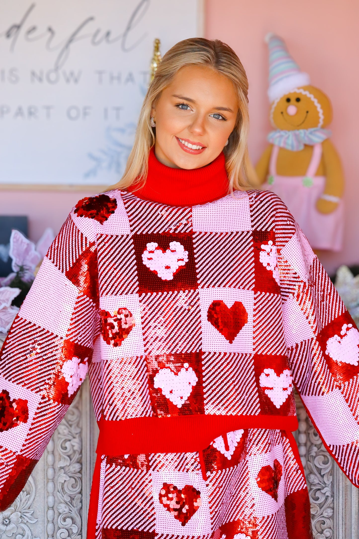 Sequin Hearts Plaid Sweater