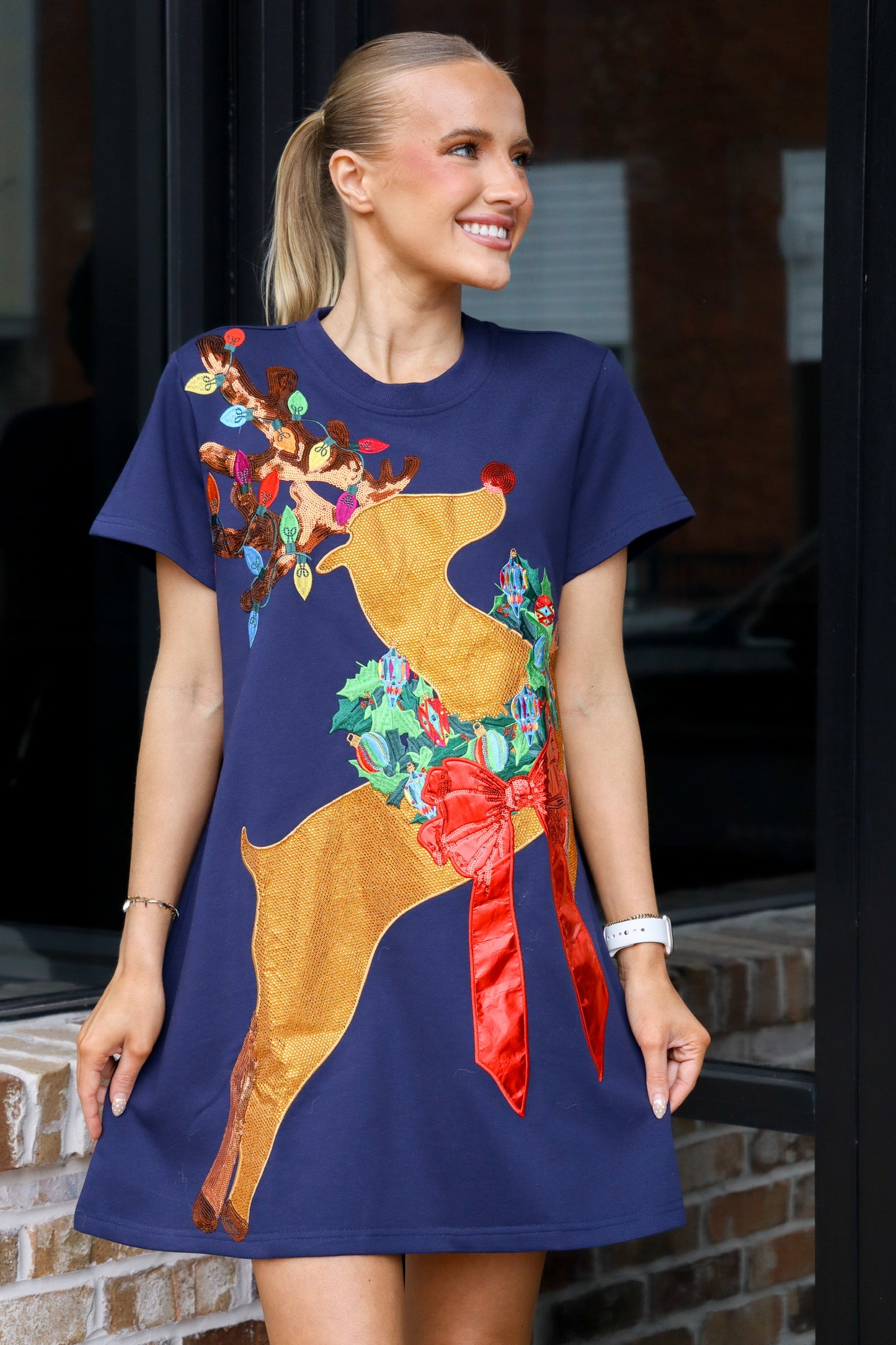 QOS Navy Rudolph Tee Dress