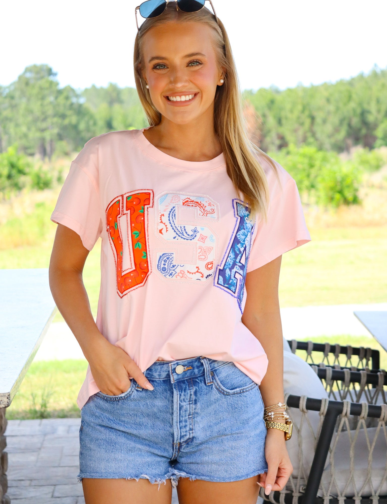 QOS Light Pink 'USA" Bandana Tee