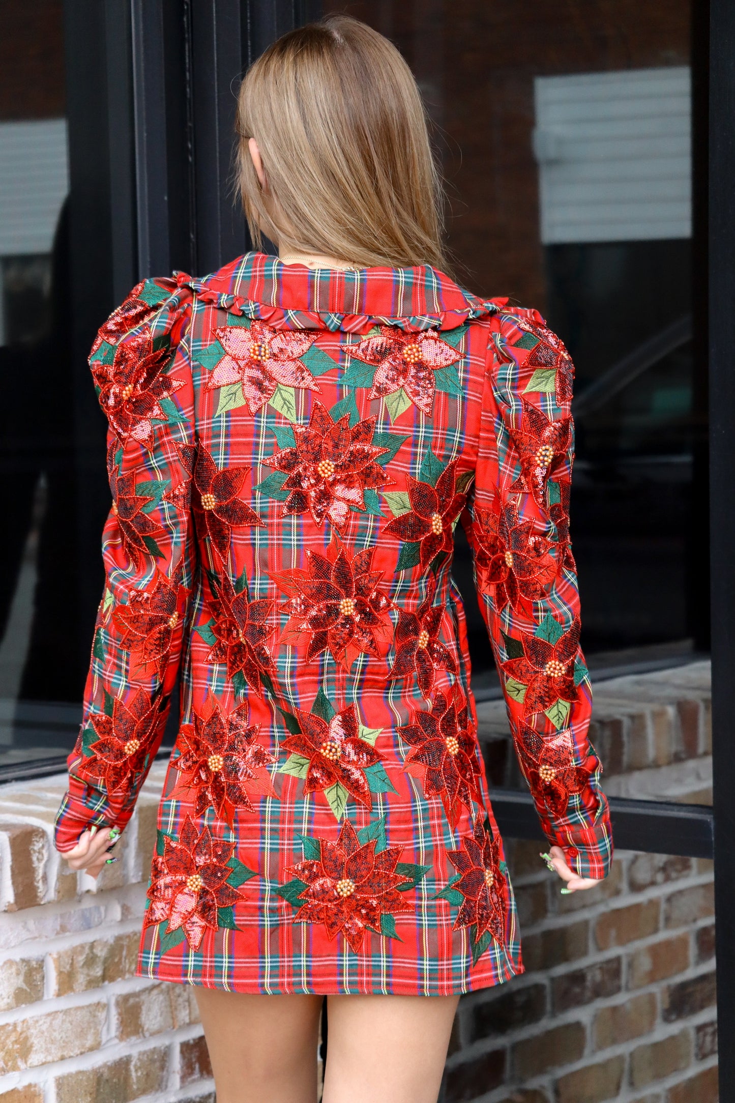 QOS Red Plaid Poinsettia Dress