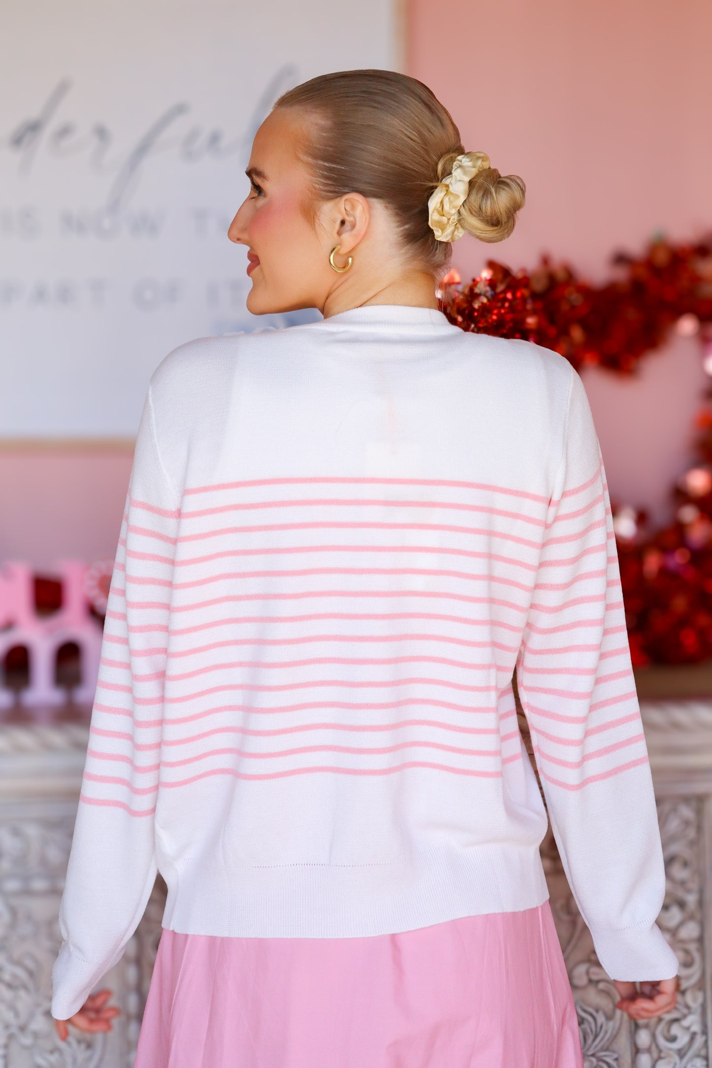 White & Pink Striped Button-Down Cardigan