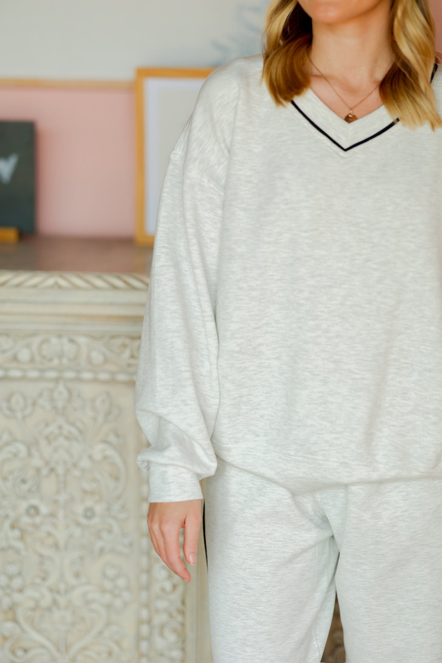Grey & Black V-Neck Lined Set