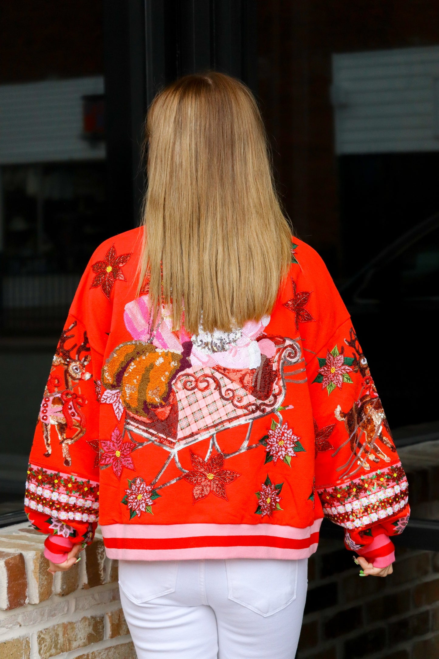 QOS Red & Red Vintage Poinsettia Sweatshirt