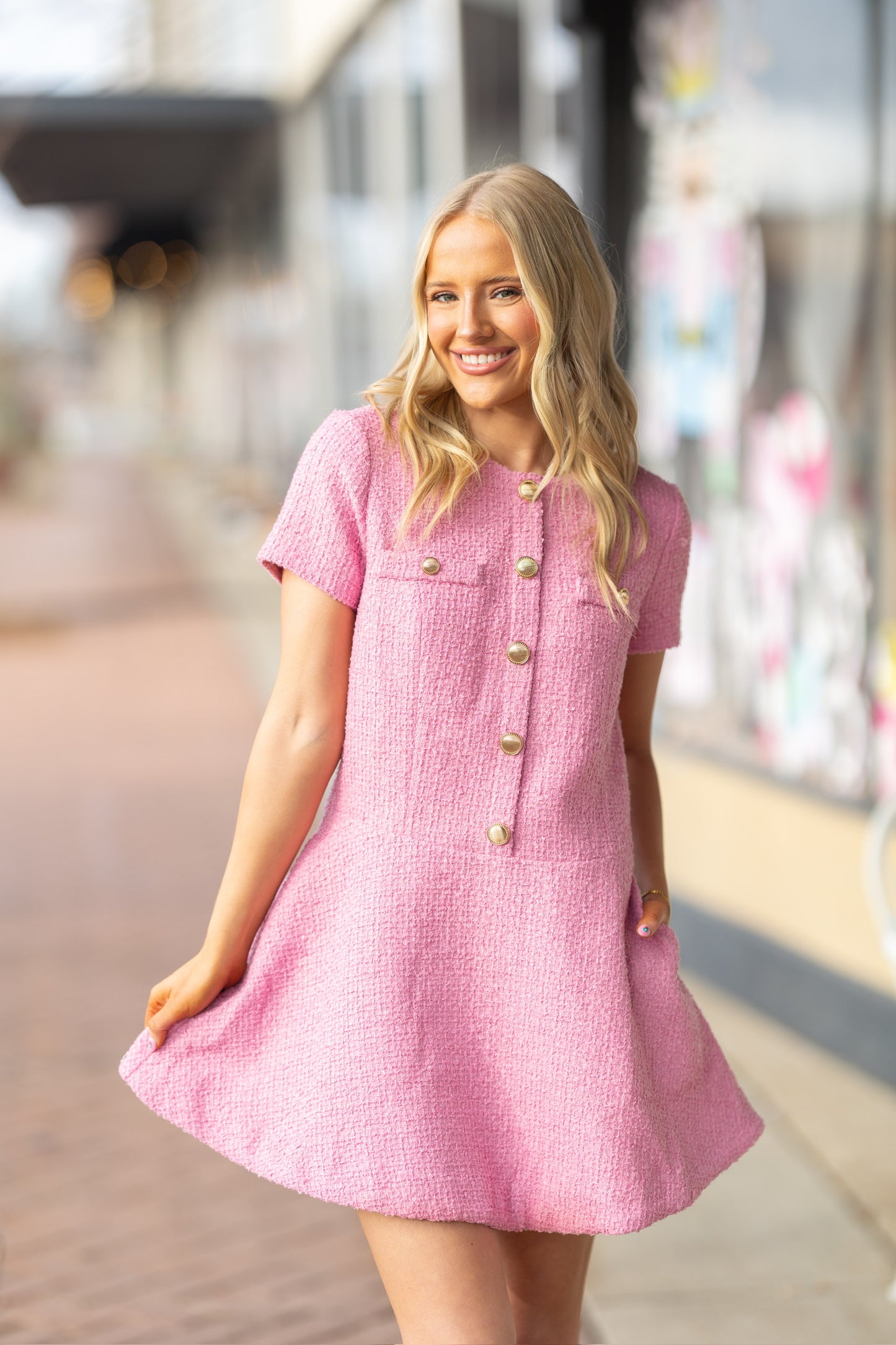 pink tweed mini dress