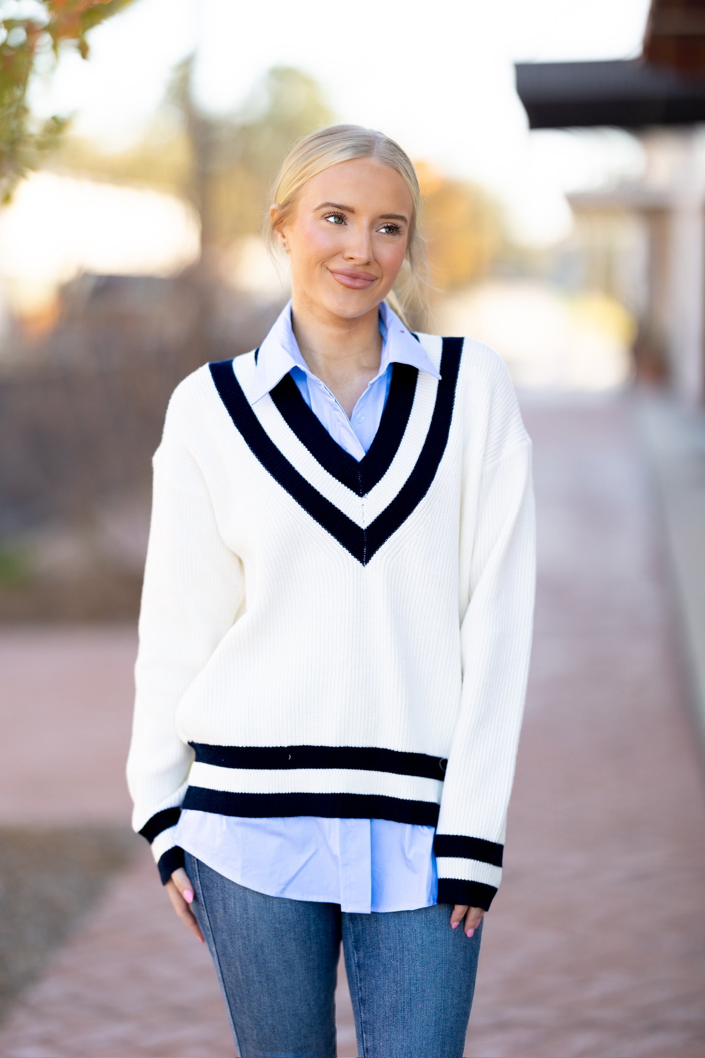 Ivory/Blue V Neck Sweater