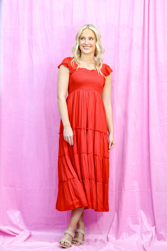 radiant red midi dress