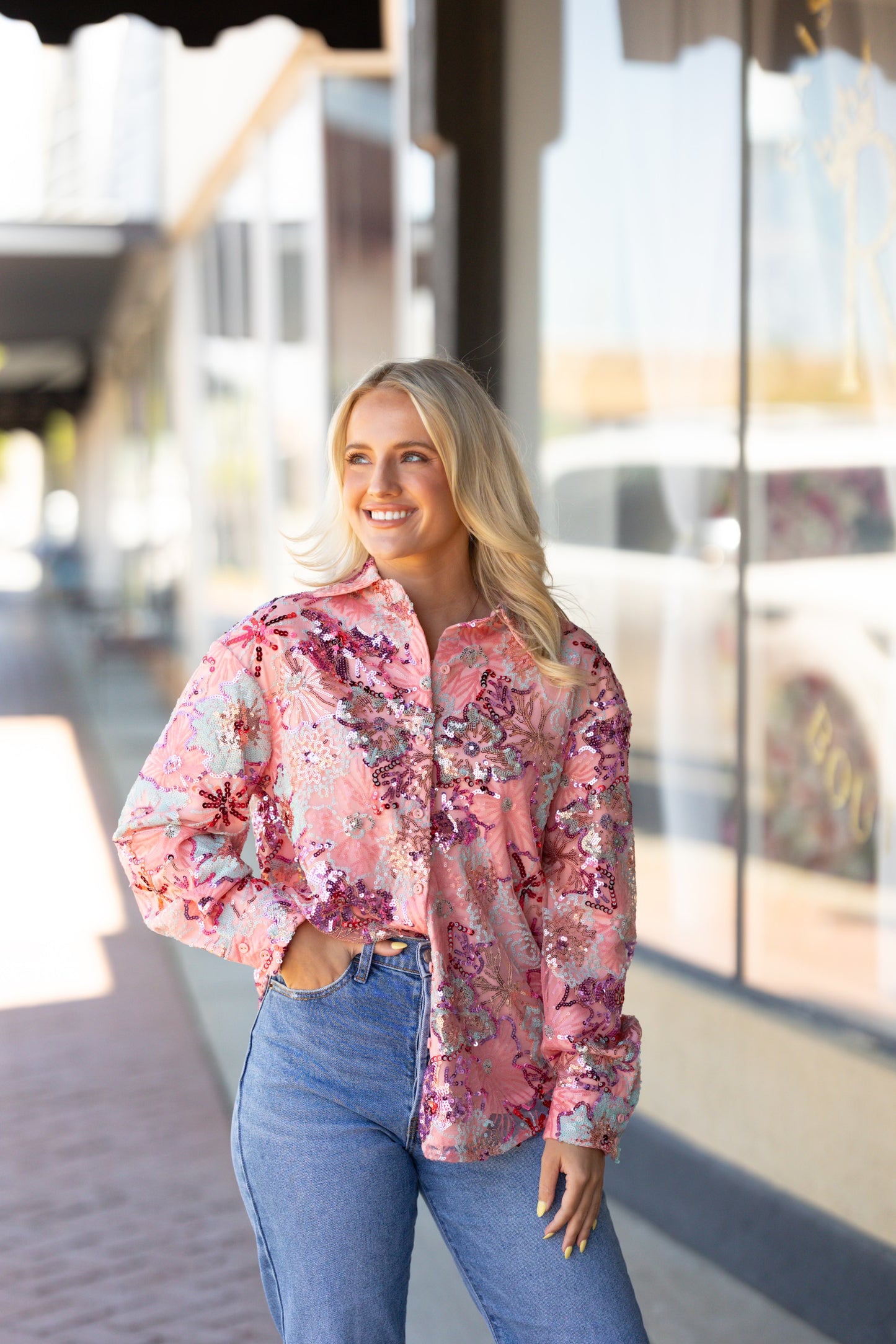 Fuchsia sequin floral top