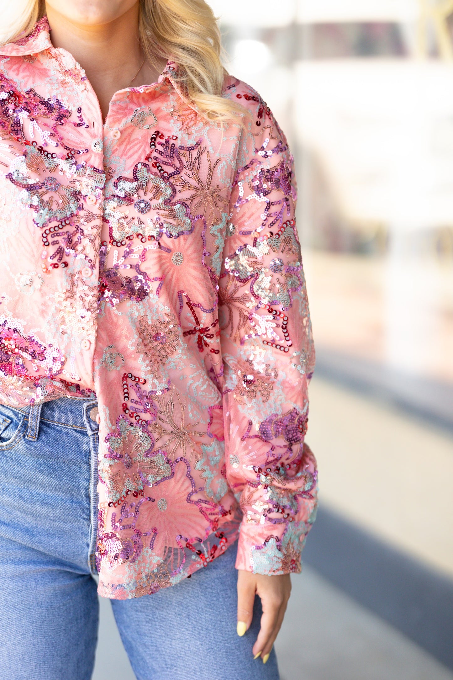 Fuchsia sequin floral top