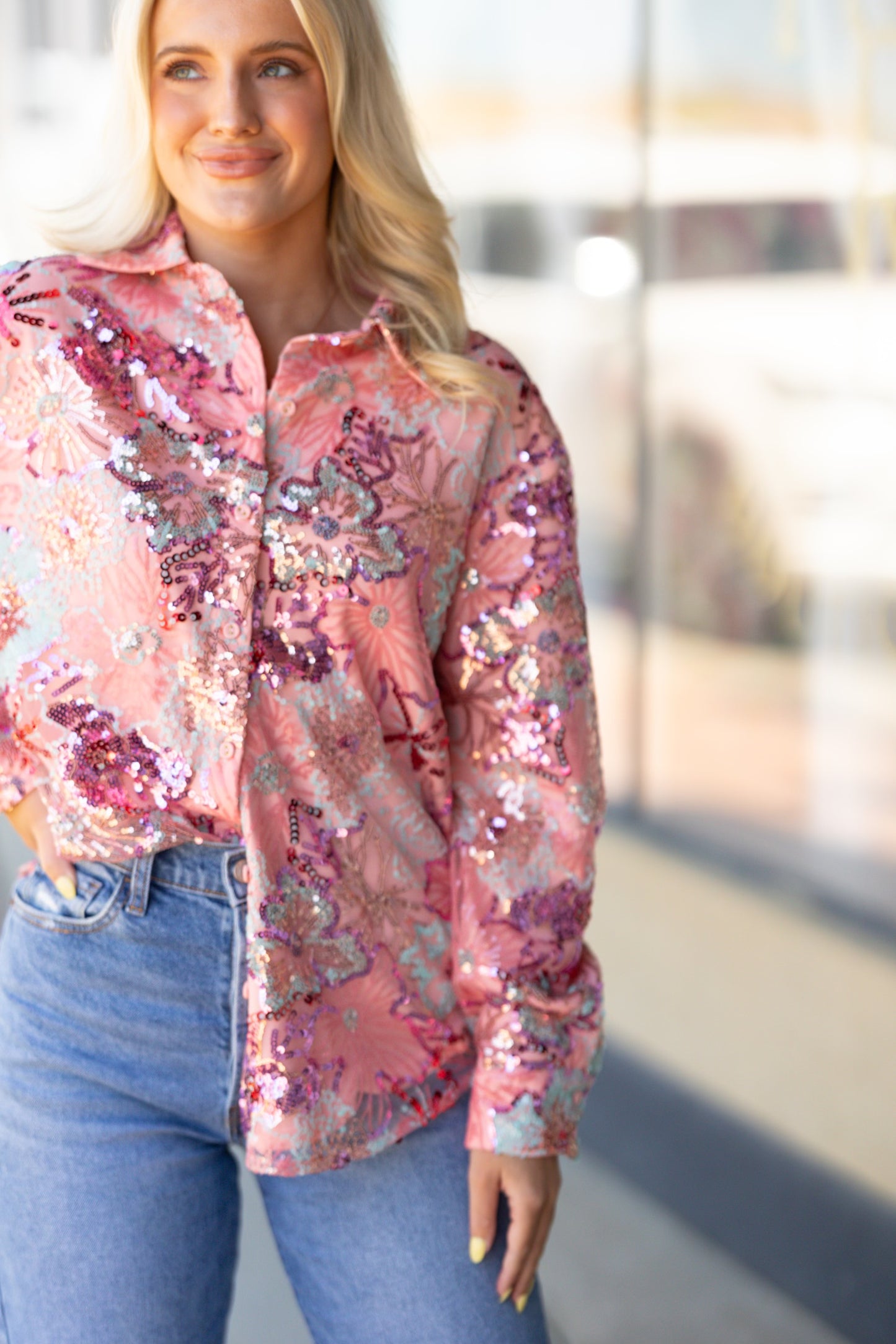 Fuchsia sequin floral top