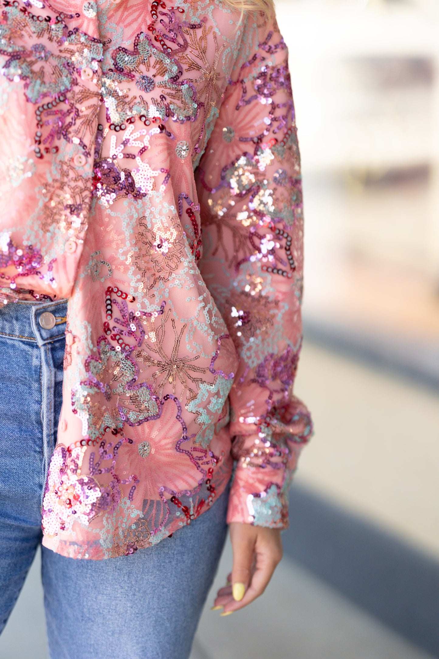 Fuchsia sequin floral top