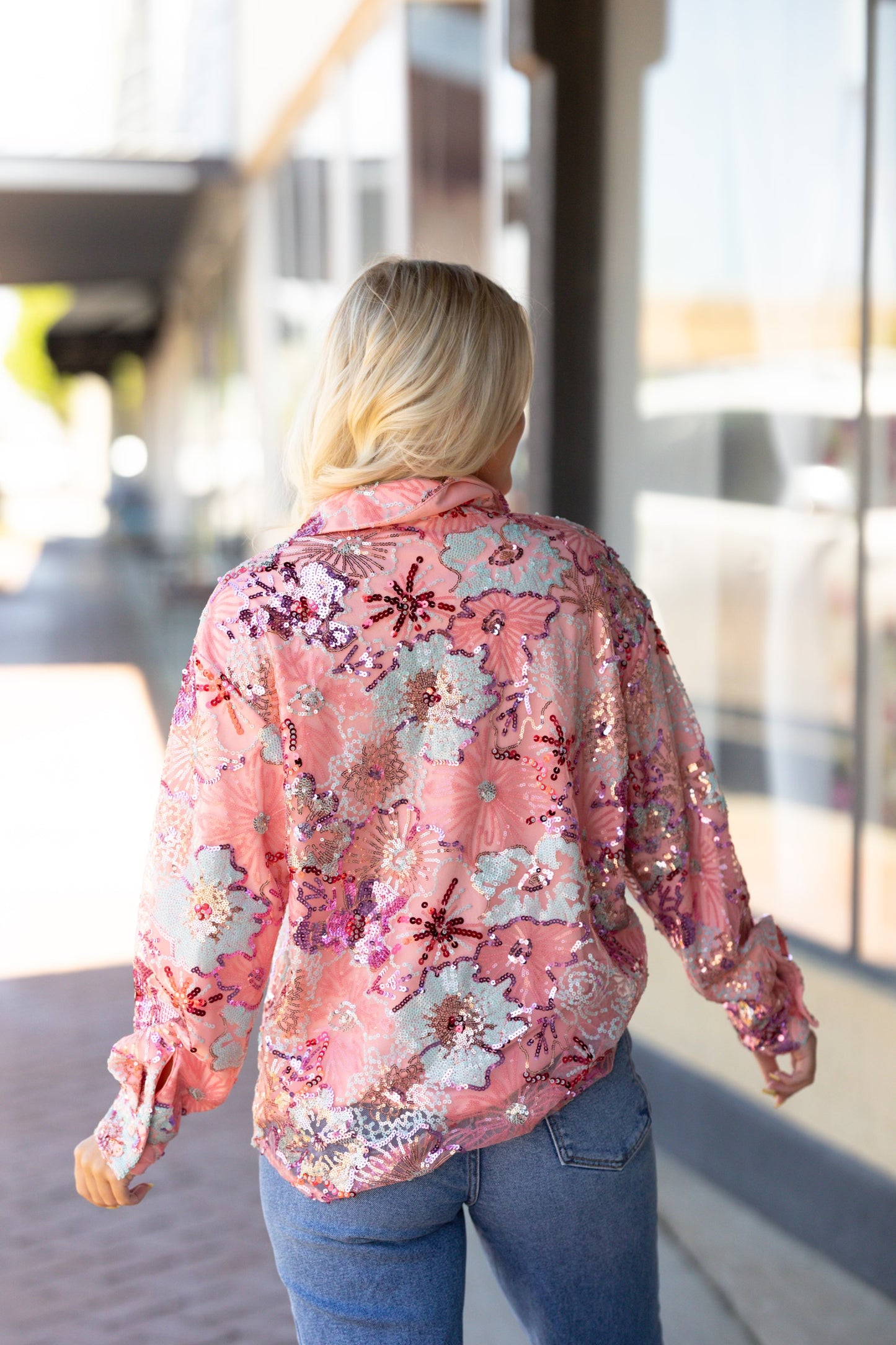 Fuchsia sequin floral top