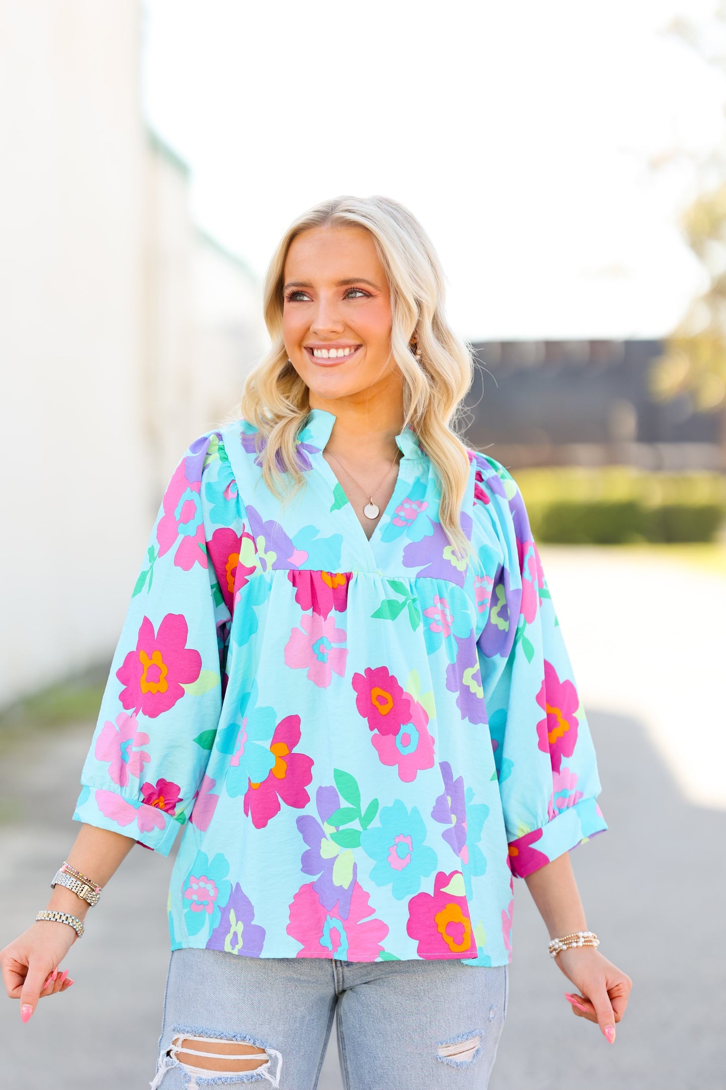 Blue Floral Mom Top