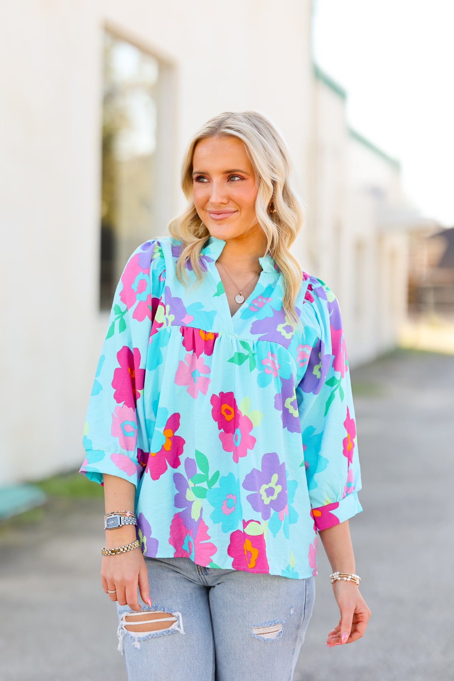 Blue Floral Mom Top