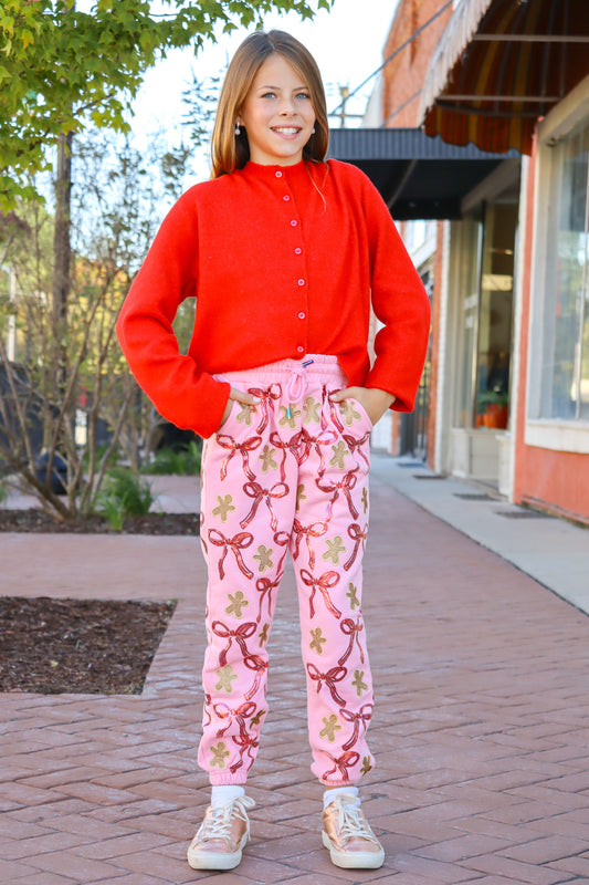 QOS Kids Light Pink Gingerbread Men & Bows Jogger