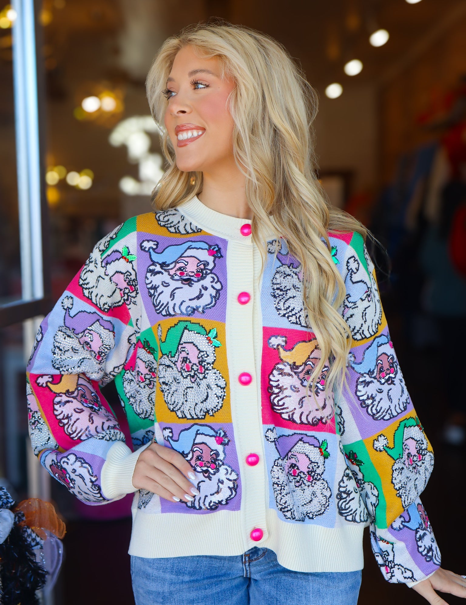 QOS Pastel Colorblock Santa Button Up Cardigan