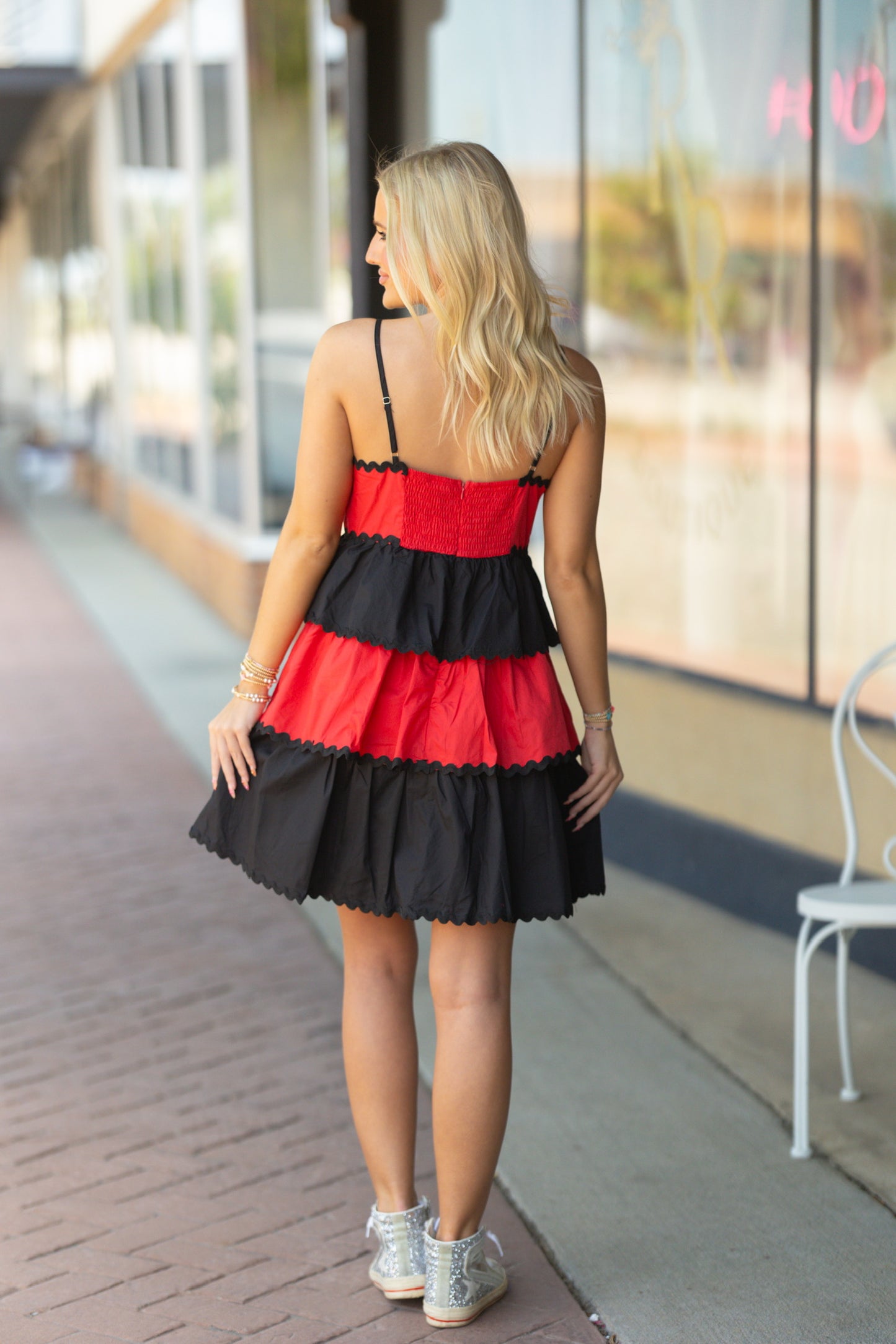 red and black trimmed dress