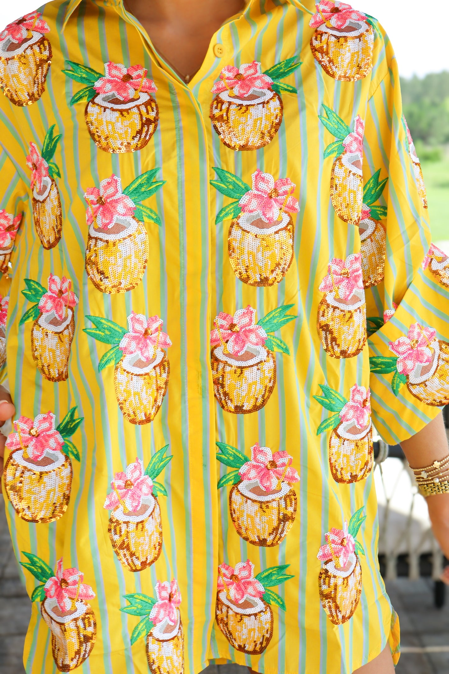 QOS Yellow Striped Coconut Drink Button Up Tunic