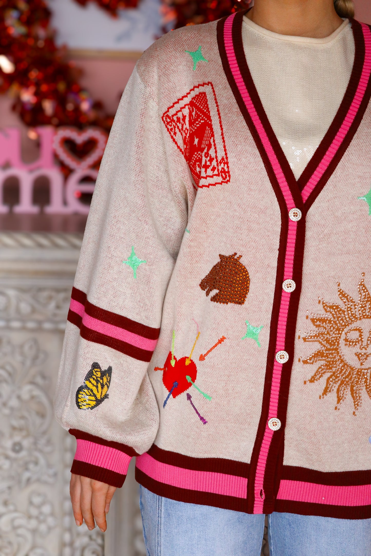 QOS Multi Icon Button Up Cardigan