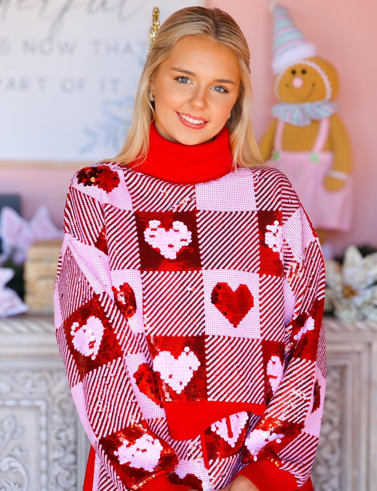 Sequin Hearts Plaid Sweater
