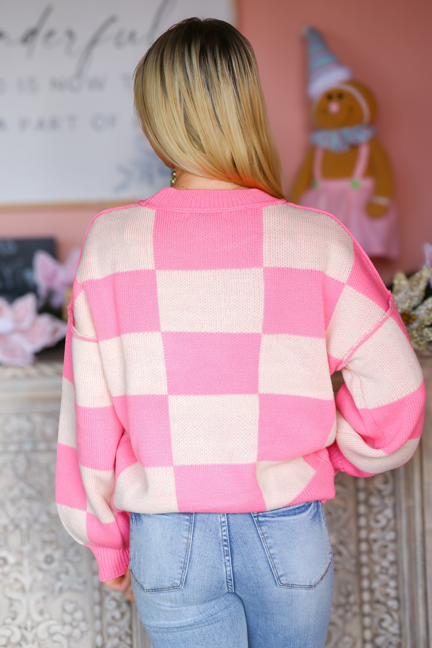 Pink & Cream Checkered Sweater