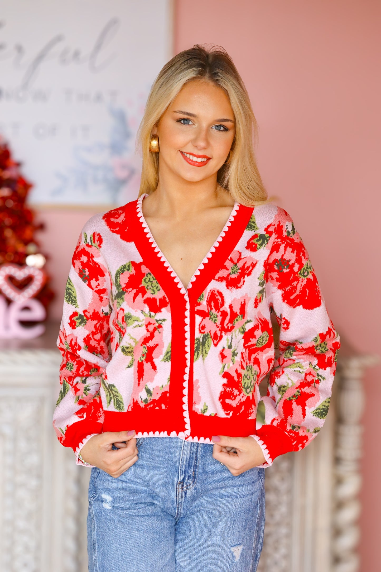 Pink & Red Floral Cardigan