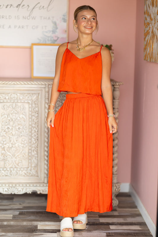 Fire Orange Crinkle Midi Skirt