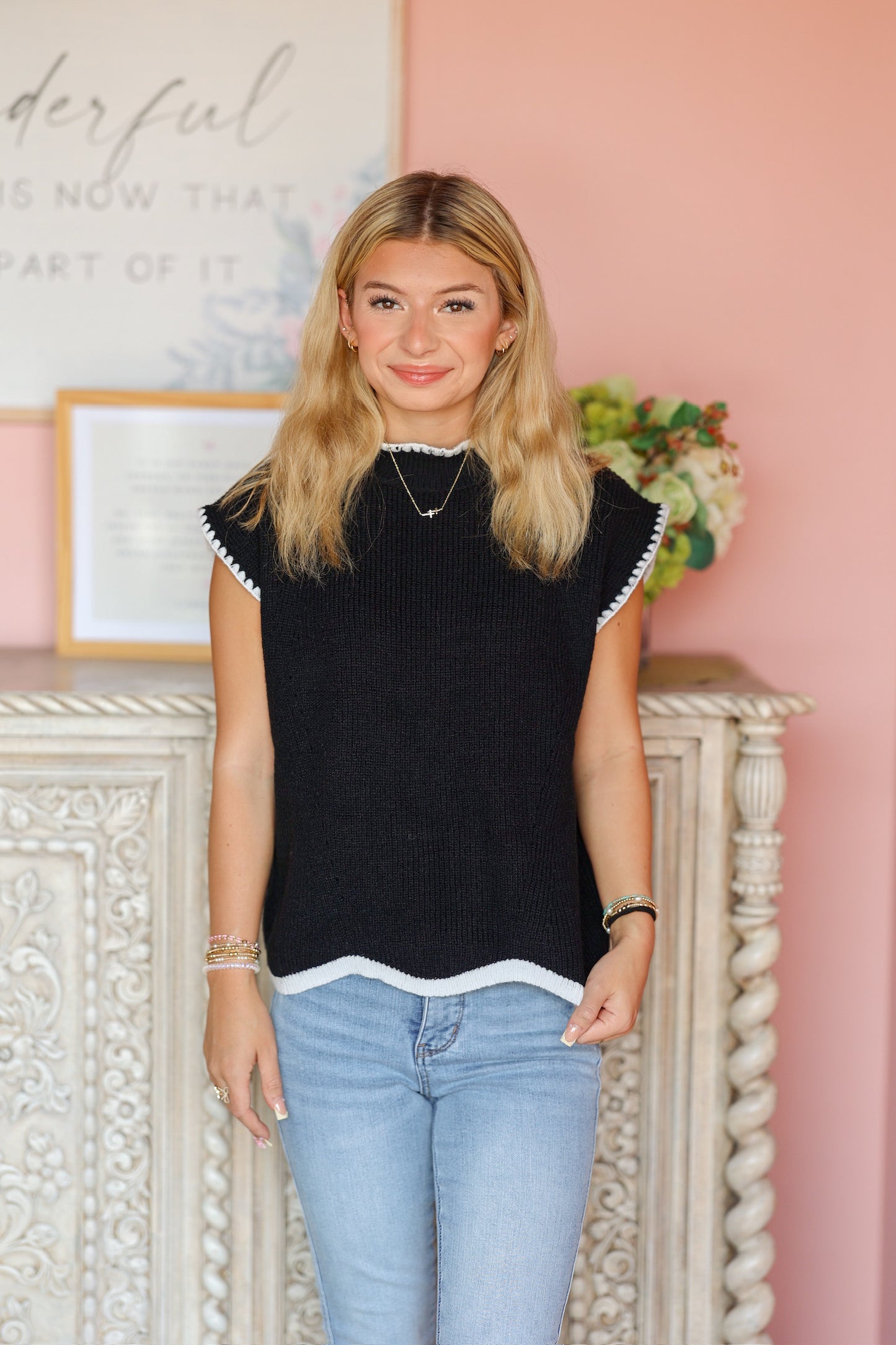 Black Scalloped Sweater Top