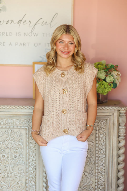 Tan Button Down Sweater Top