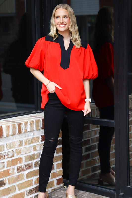 Red & Black Puff Sleeve Top