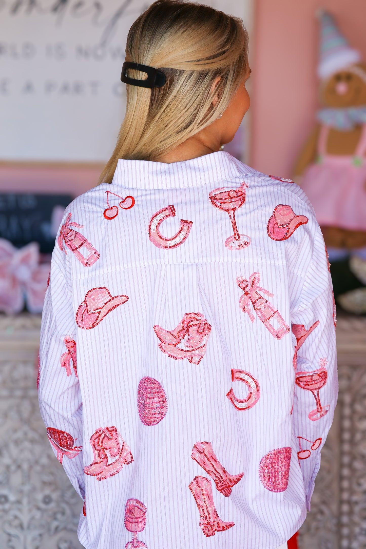 QOS Pink Disco Cowgirl Collared Top