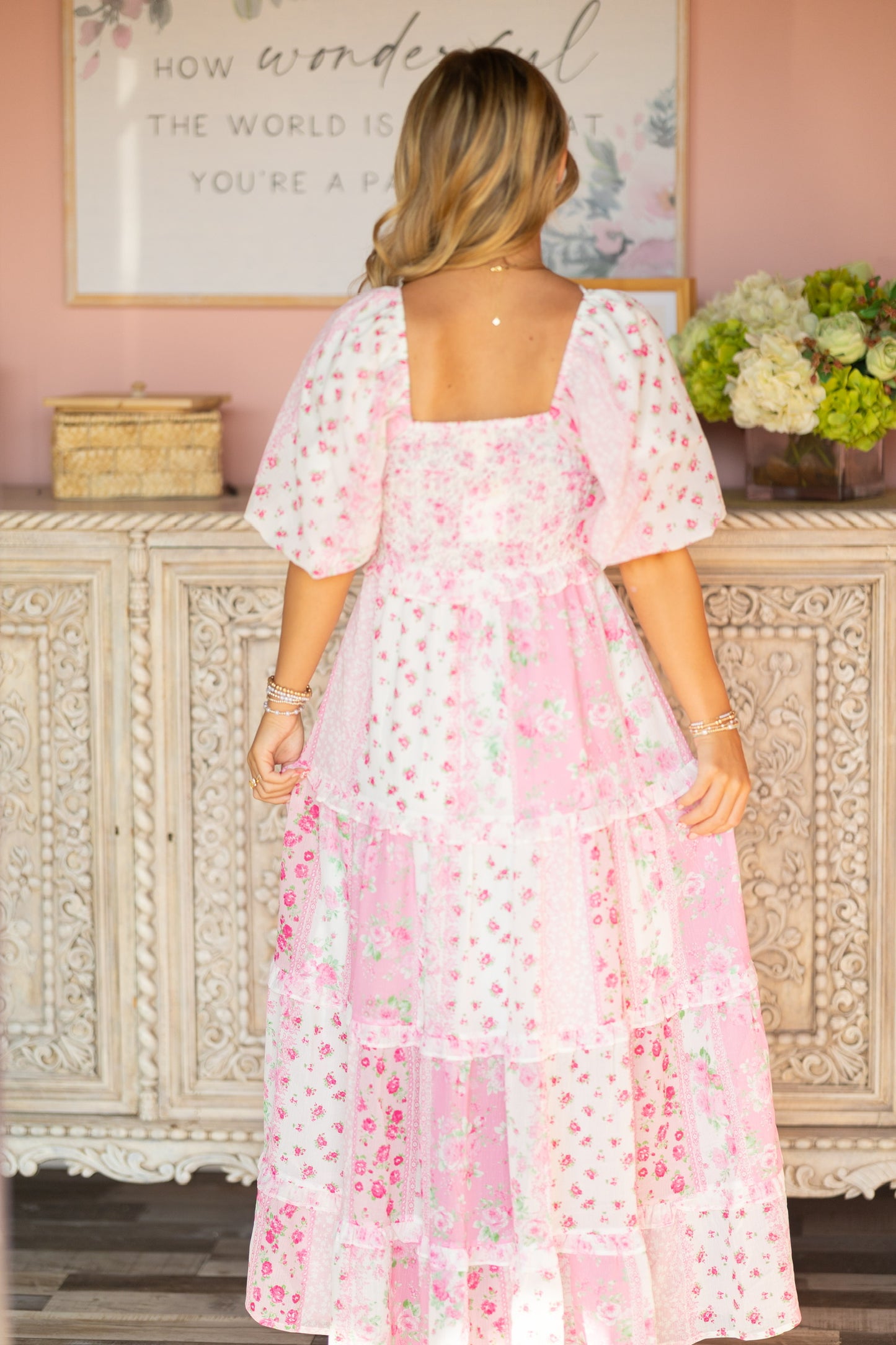 Pink Floral Patchwork Maxi Dres