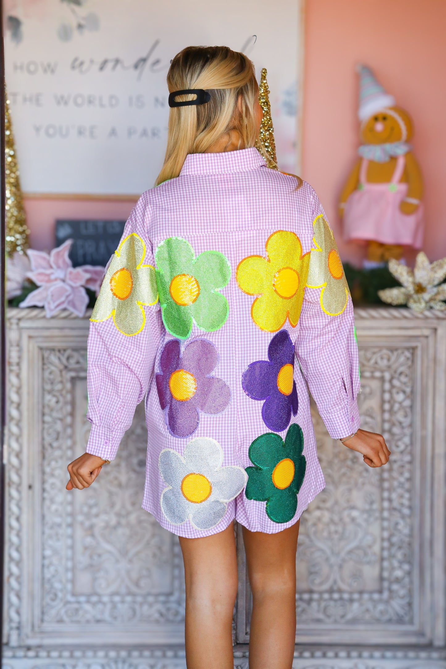 QOS Gingham Oversized Mardi Gras Flower Romper